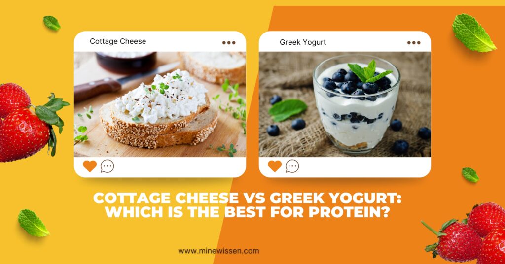 A side-by-side comparison of cottage cheese on toast with green herbs and Greek yogurt topped with blueberries and mint leaves, highlighting their protein benefits.